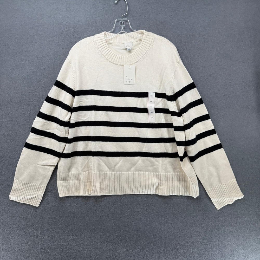 A‎ New Day Womens Sweater XXL Cream Black Stripe Crew Neck Pullover NWT